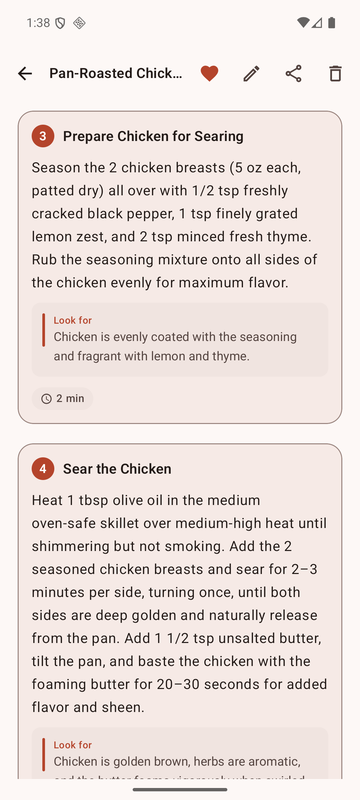 A recipe's detailed steps, each one carrying its own measurements.